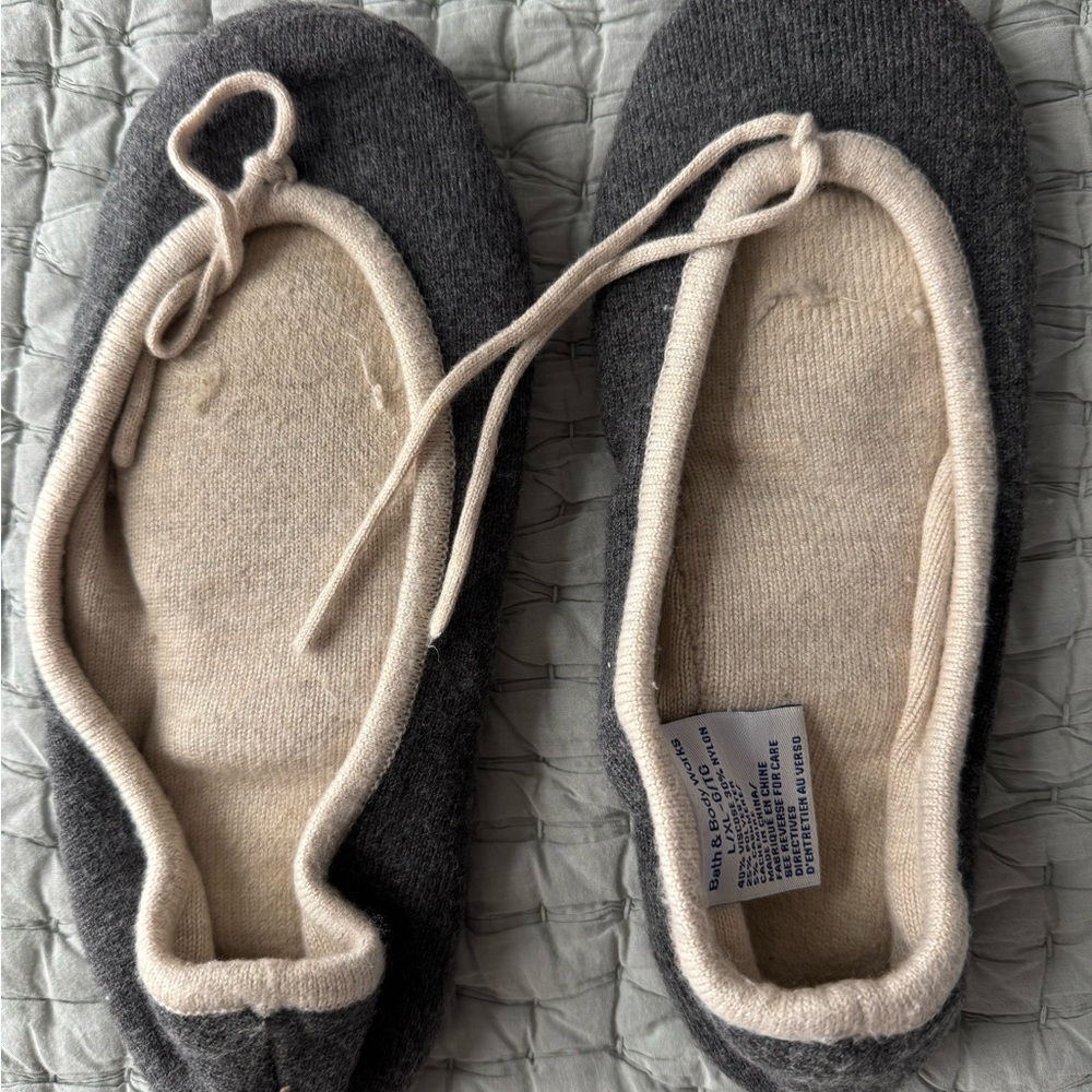 Well Worn Gray and Cream Slippers